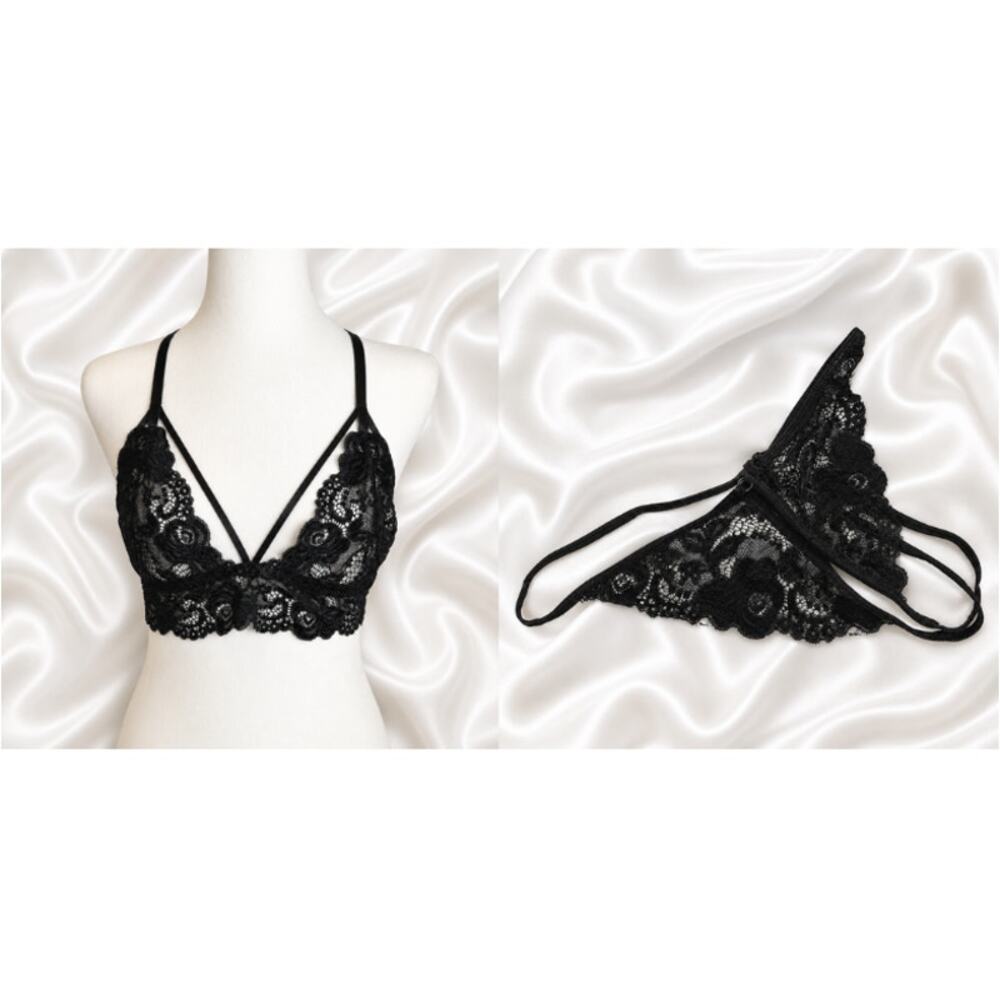 Cripom NWT Black Sexy Strappy Lace Bra and G String Set Size Large